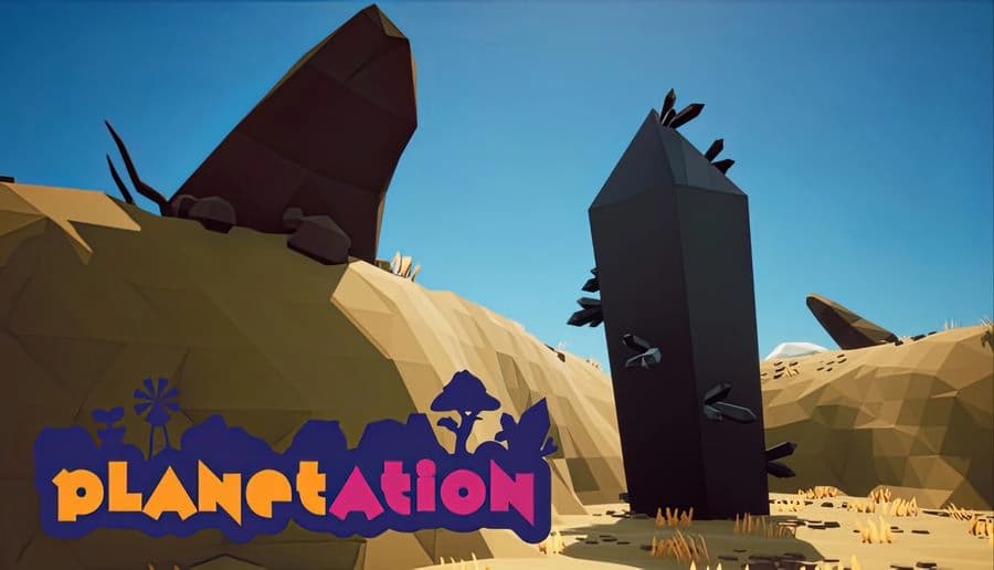 Planetation: colorful title over jagged rocky hills with tall dark stone monoliths under a clear blue sky.