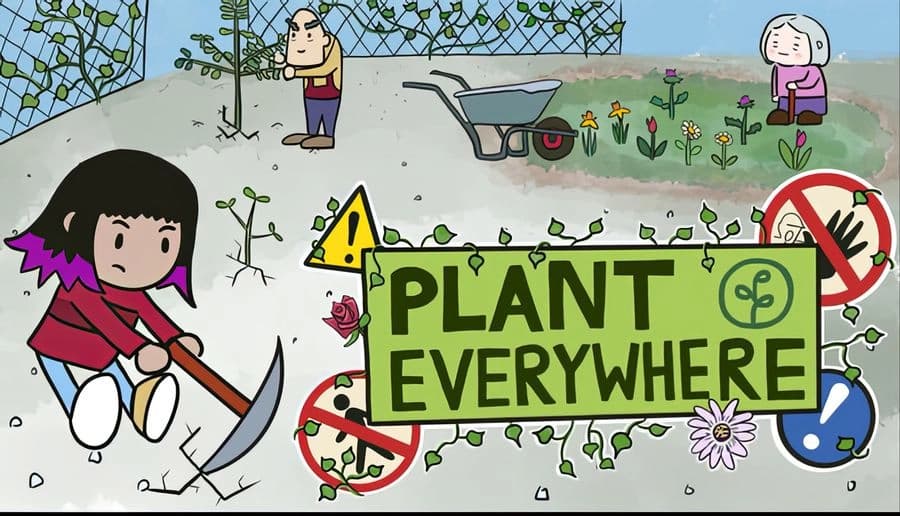 Plant Everywhere: young girl uses a trowel to plant sprouts near a sign in a small city garden lot with weeds.