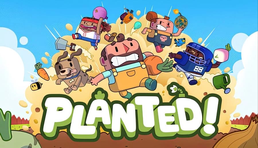 Planted!: Four cartoon gardeners wield vegetables and tools, charging forward above giant title letters in a garden scene.