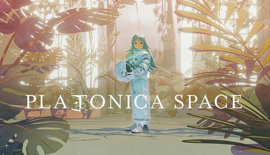 PLATONICA SPACE: teal-haired young woman in light blue suit holding round device, in sunlit forest with tall plants.