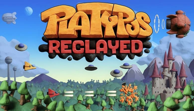 Platypus Reclayed: Spaceships clash in colorful sky above forest and castle, with UFOs and floating islands in clay style.