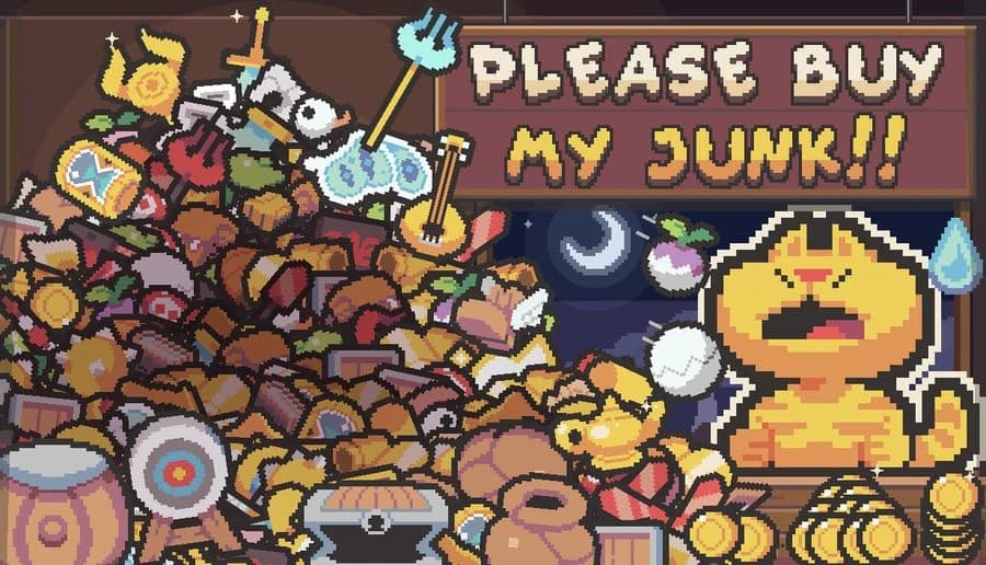 Please Buy My Junk!!: Piles of weapons and trinkets clutter a shop counter; tired pumpkin-headed clerk at night window.