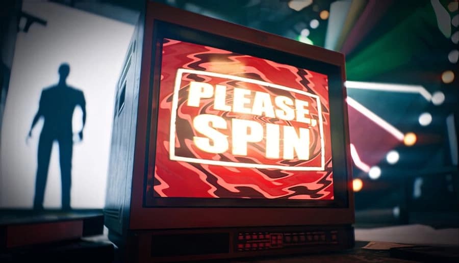 Please, Spin: glowing red CRT TV with static title screen, shadowy man silhouette beside it in studio lights.