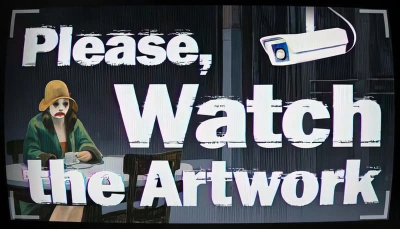 Please, Watch The Artwork: A lonely clown sits at a table under surveillance in a dimly lit room with a security camera.