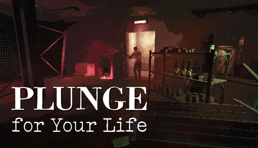 Plunge for Your Life: armed man aims rifle down smoky corridor beside crates and green bottles in dim warehouse room.