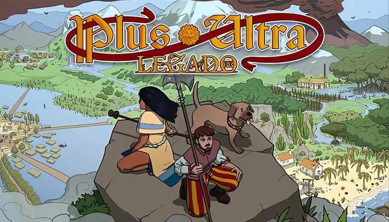 Plus Ultra: Woman with staff, man in striped pants with halberd, and dog on rock overlook lush Mesoamerican landscape.