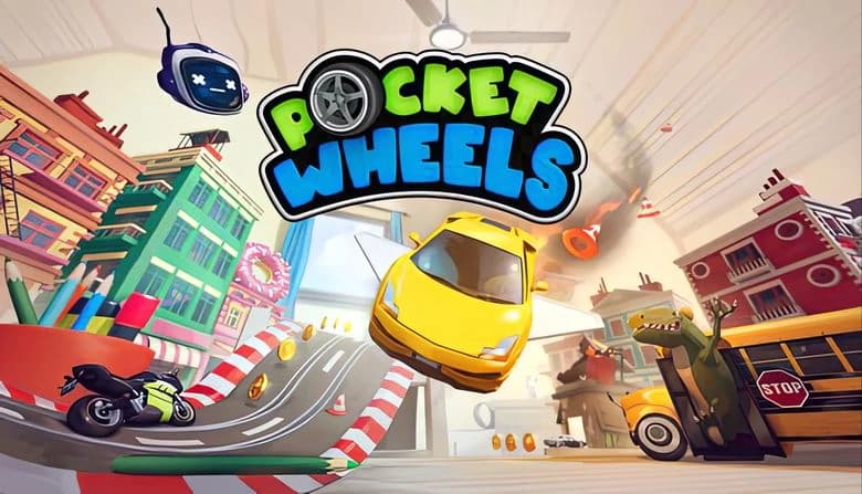 Pocket Wheels: Yellow toy car soars over track with coins, motorcycle, and stop sign in colorful room with giant toys.