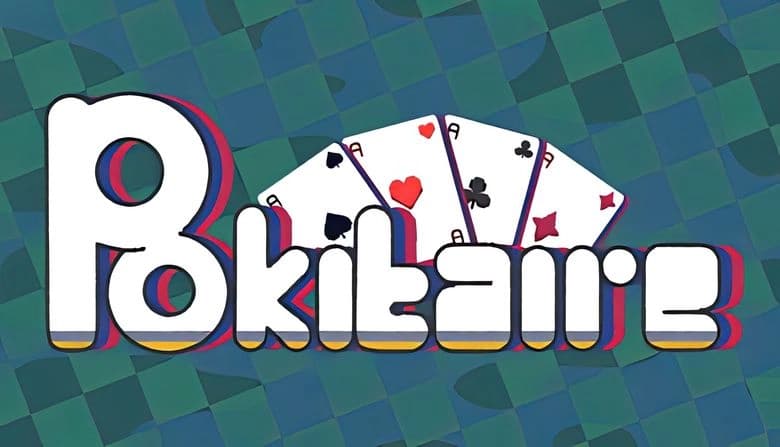 Pokitaire Demo: Aces of hearts, spades, clubs, diamonds float on checkered backdrop, merging poker and solitaire themes.