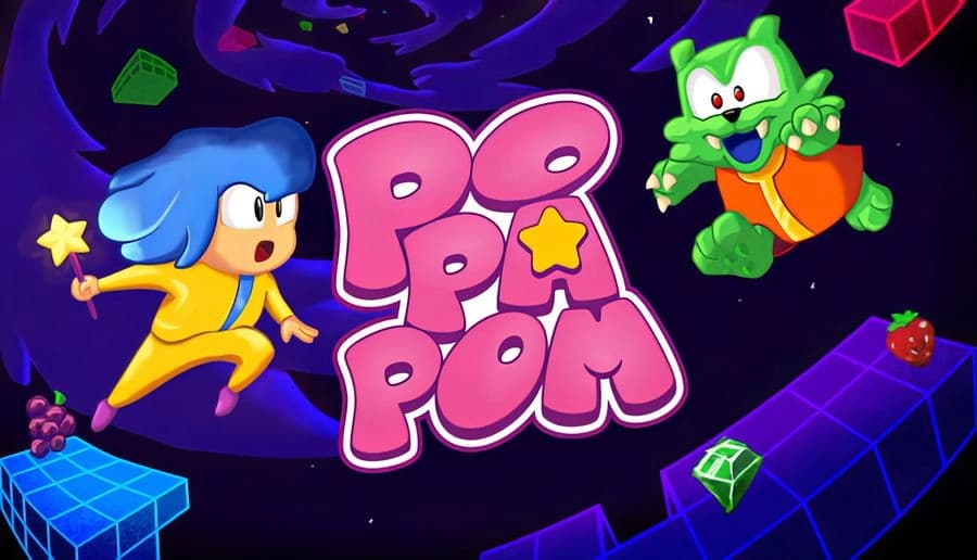 POPAPOM: Blue-haired girl in yellow dress aims star wand at grinning green monster in purple arcade space with gems.