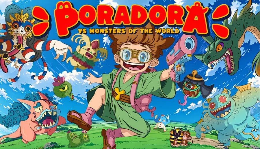 PORADORA vs Monsters of the World: Smiling young girl with goggles runs holding blaster, monsters chase across grassy field.