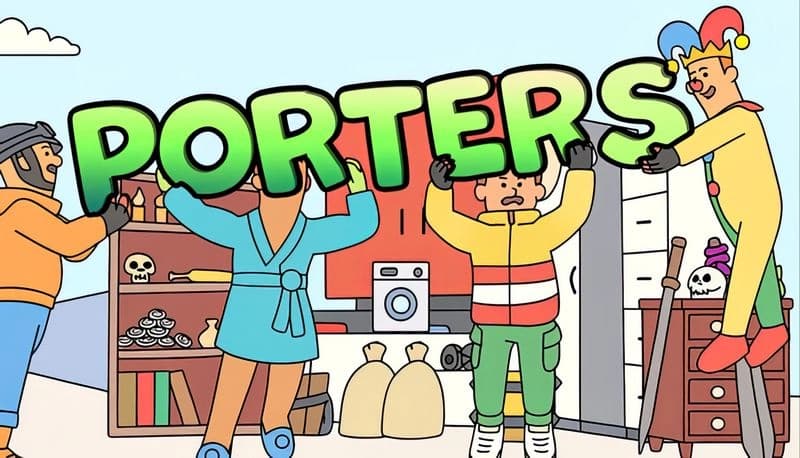 PORTERS: Four characters in colorful outfits hold green letters outdoors, with a skull and washer in the background.