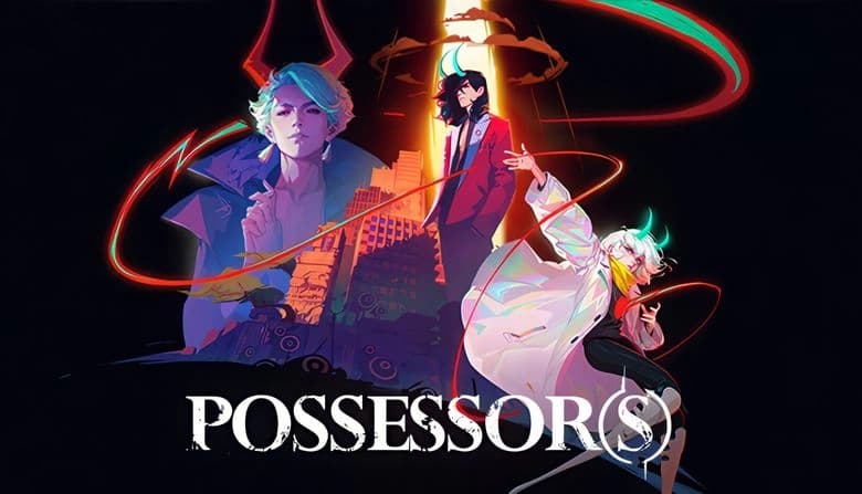 Three demonic figures with glowing horns stand in a dark, abstract cityscape. Neon rings and surreal colors fill the scene.