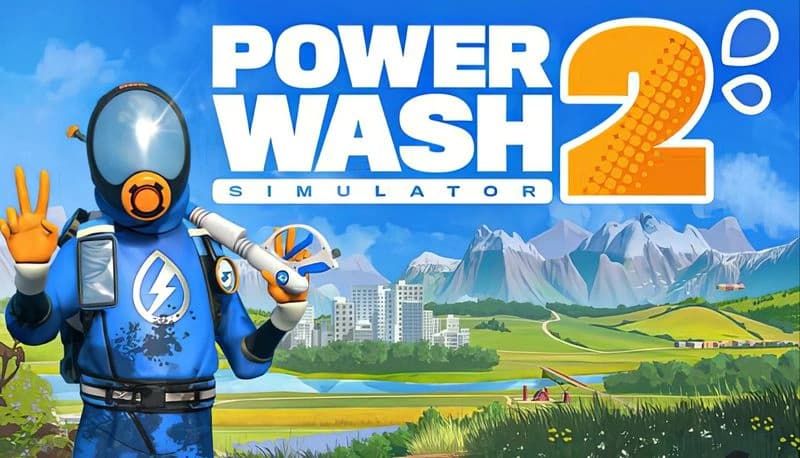 PowerWash Simulator 2: Person in blue suit with gear gives peace sign in lush valley with mountains and cityscape backdrop.