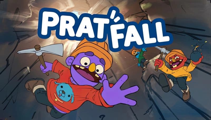 Pratfall: Cartoon characters in colorful outfits fall with tools in a sunlit cave, evading traps and hazards.