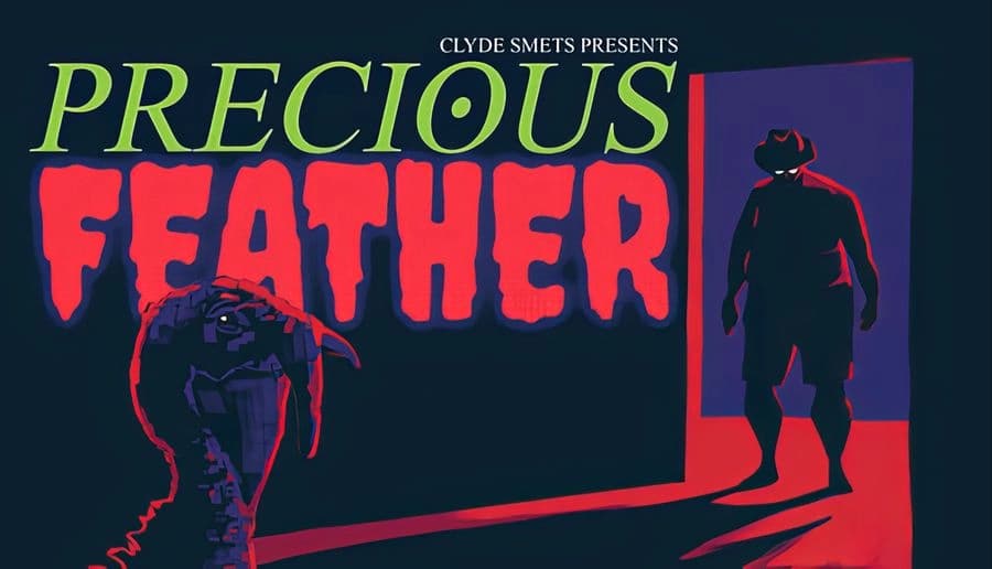 Precious Feather: Woman crouches holding a gun while a silhouetted man stands in a doorway in dark room interior.
