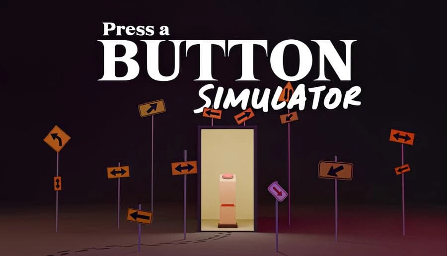Press a Button Simulator: large red button on tall pedestal framed by doorway, surrounded by floating road signs in dark room.