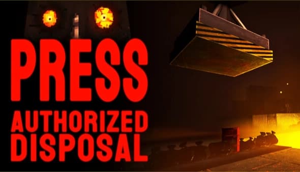 PRESS: Glowing factory furnace with piles of trash and a large metal press plate hanging overhead in haze-lit room.