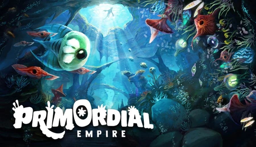 Primordial Empire: Glowing green microbe with eye floats among fish and algae in a blue underwater reef cavern.