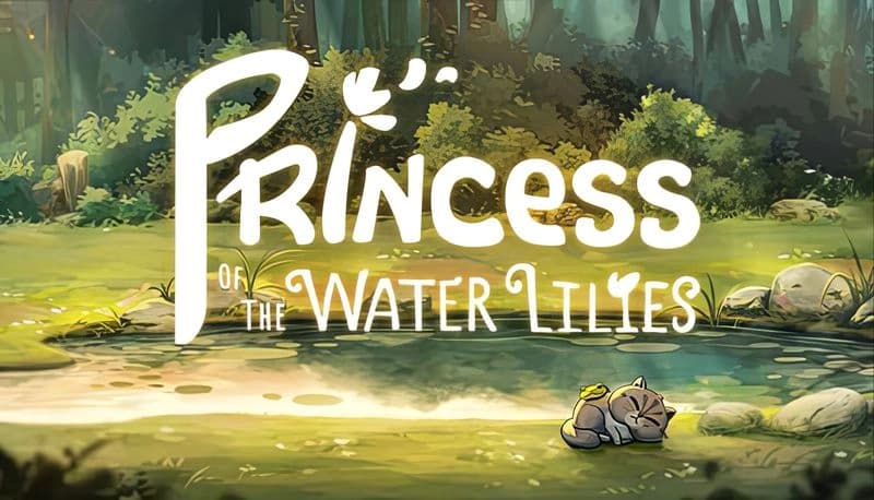 Princess of the Water Lilies: Young cat rests beside pond in sunlit forest, small frog companion on its back, serene setting.