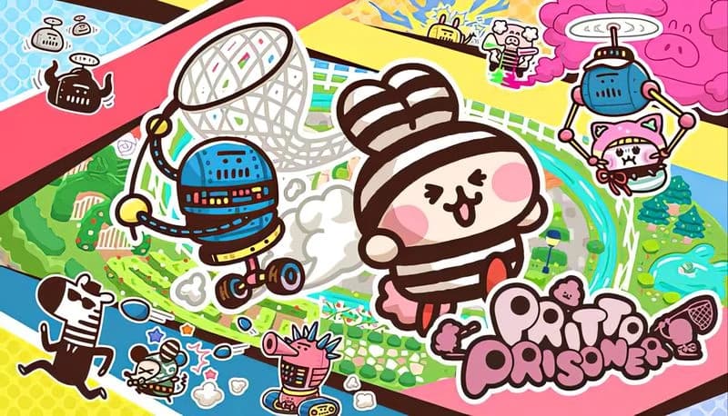 PRITTO PRISONER: Striped bunny inmate runs gleefully while robot warden with net chases in colorful amusement park setting.
