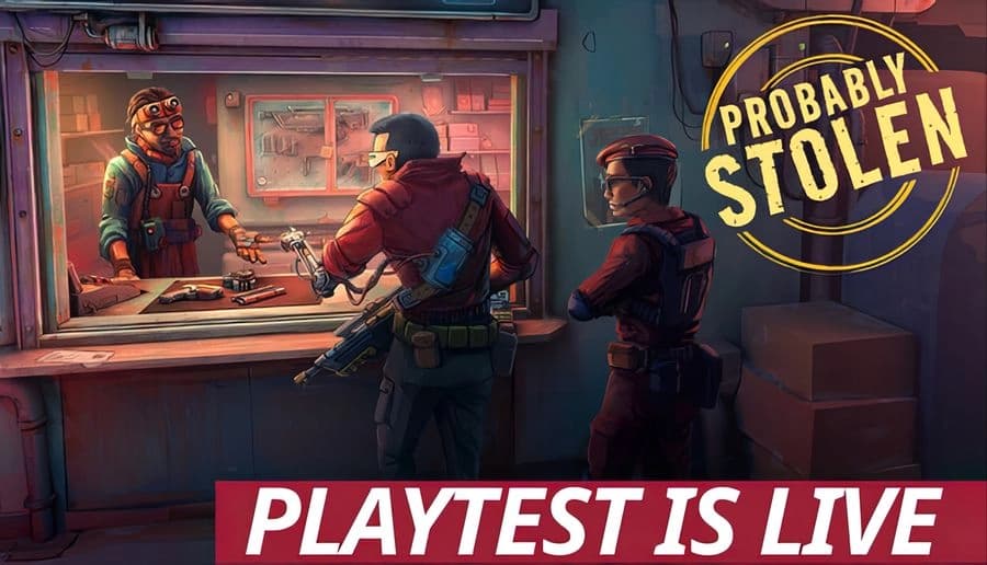 Probably Stolen: three men trade weapons across a shop counter with neon lighting, one man stands guard outside window.