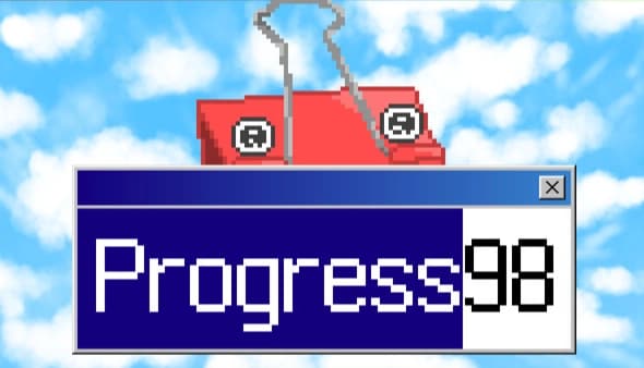 Progress98: Red binder clip mascot holds a blue computer window over cloudy sky background with rainbow border frame.