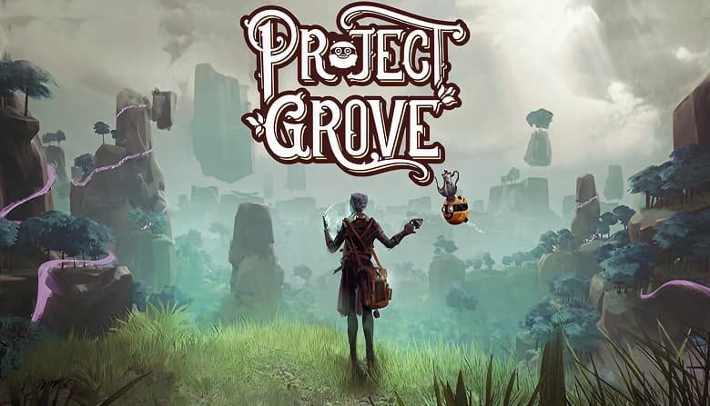 A woman stands on lush grass, facing a mystical forest with floating rocks. A small, hovering robot with a kettle beside her.
