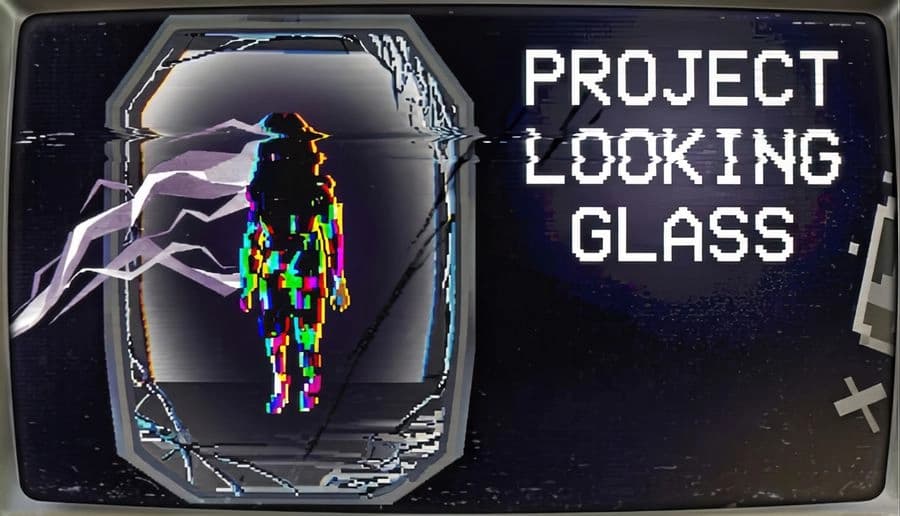 Project Looking Glass: seated woman at monitor reaches to glitchy human silhouette in octagonal screen, dark lab backdrop.
