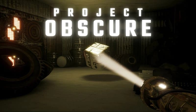 Project OBSCURE: Illuminated block floats above worn industrial floor, spotlighted by a glowing handheld device in dim setting.
