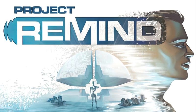 Project ReMind: Futuristic male profile beside towering dome and hero walking across reflective water towards structured arch.