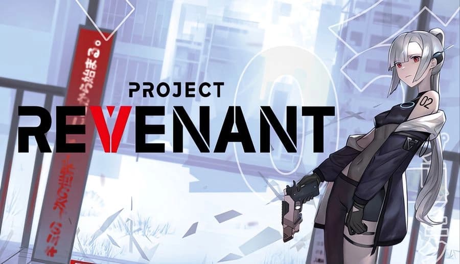 Project Revenant: silver-haired young woman with red eyes in black tactical suit, sci-fi city backdrop with wires.