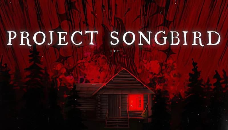 Project Songbird: Wooden cabin in red-lit forest with dark trees and abstract black bird silhouettes in the sky.