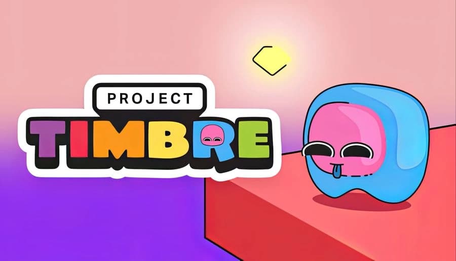 Project Timbre: Squishy hero on pink platform jumps towards floating yellow gem in colorful sunset sky.