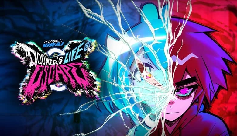 Young girl with split face; one side is vibrant VTuber persona, the other side unhappy, set against blue-red background.