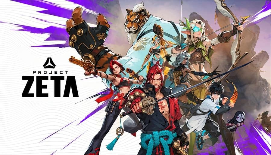 Project ZETA: Squad of stylized fighters posing with swords and guns in a sci-fi arena backdrop with purple streaks.