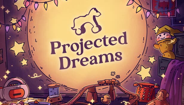 Projected Dreams: Cozy room with toys, stars, and colorful lights; cassette player, old telephone, and monkey toy visible.