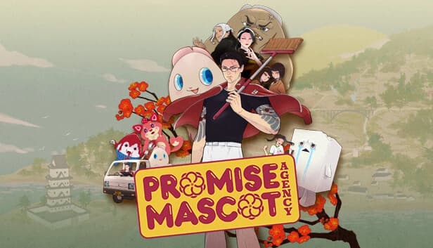 Muscular tattooed young man with glasses holds broom, surrounded by colorful mascots and a white van, set in rural Japan.