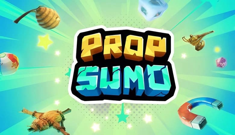 Prop Sumo: Diverse props like magic lamp, magnet, and pumpkin float in vibrant green backdrop, hinting at playful battles.