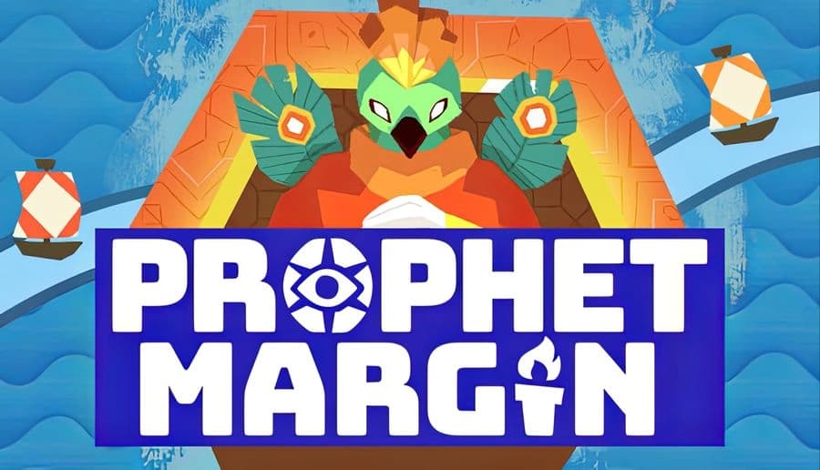 Prophet Margin: green owl-like idol with glowing eyes behind bold banner, over ocean with small sailboats.