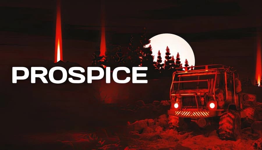 Prospice: off-road truck with headlights on drives over rocky ground, full moon behind pine forest and red glow.