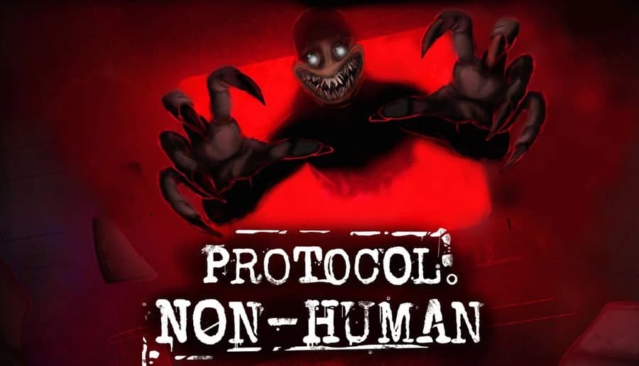 Protocol Non-Human: Hand holding ID card with blacked-out text, grinning monster and clawed hand in red foggy dark scene.