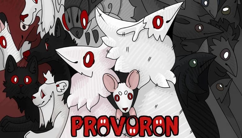 Stylized, hand-drawn animals with red eyes and black or white fur, including cats, dogs, crows, and mice, crowded together.