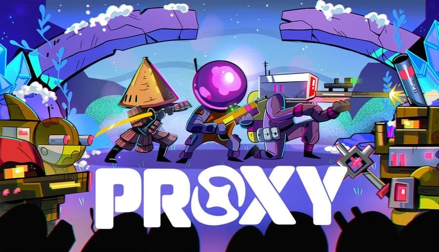 PROXY: Three armed robots aiming blasters, one with a pyramid head, in a neon alien ruin under starry sky.