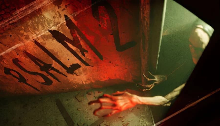 Psalm 2: Bloodied hand sprawls on floor beside metal elevator door, red spraypainted wall in dim green light.