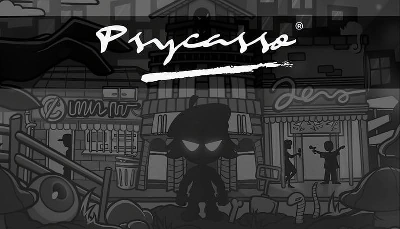 Psycasso®: Shadowy figure with beret in dark alley, buildings with neon signs; two people argue near storefront.