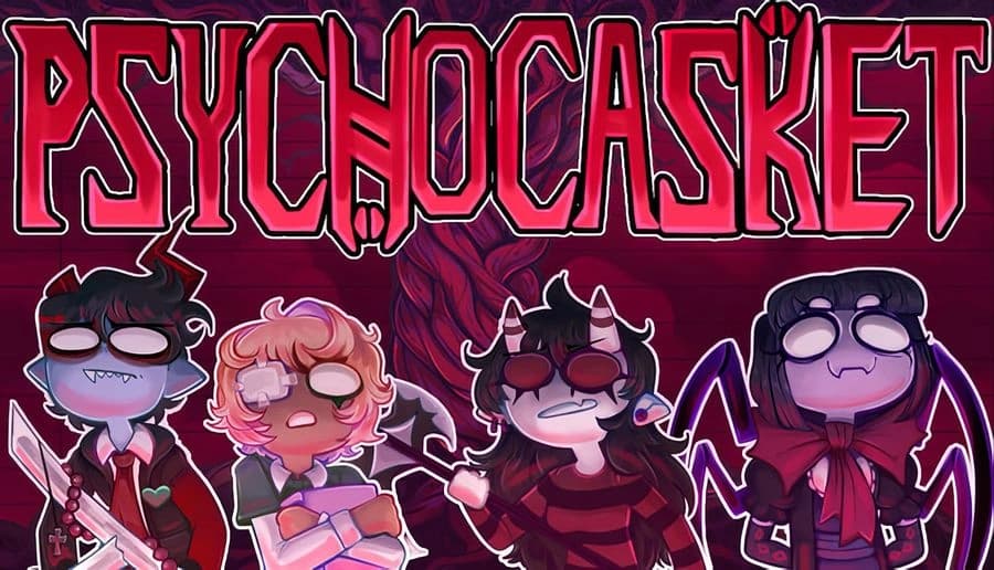 PSYCHO CASKET: Four cartoon teens in gothic outfits stand together under jagged red backdrop and huge title text.