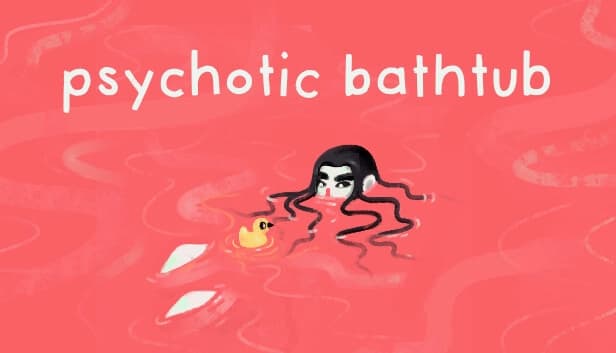 A woman with long dark hair peeks above red water beside a yellow rubber duck, creating a tense atmosphere.