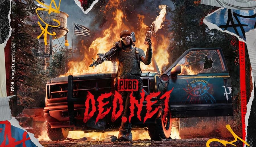 PUBG: gas mask man raises arms beside burning truck and car in scrapyard, flames and smoke filling sky.