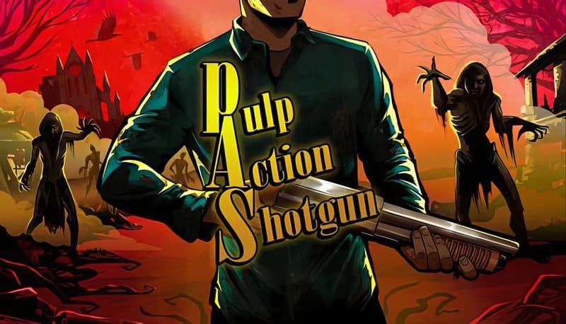 Pulp Action Shotgun: Young man holds shotgun, ready to confront shadowy creatures in eerie, red-lit forest landscape.