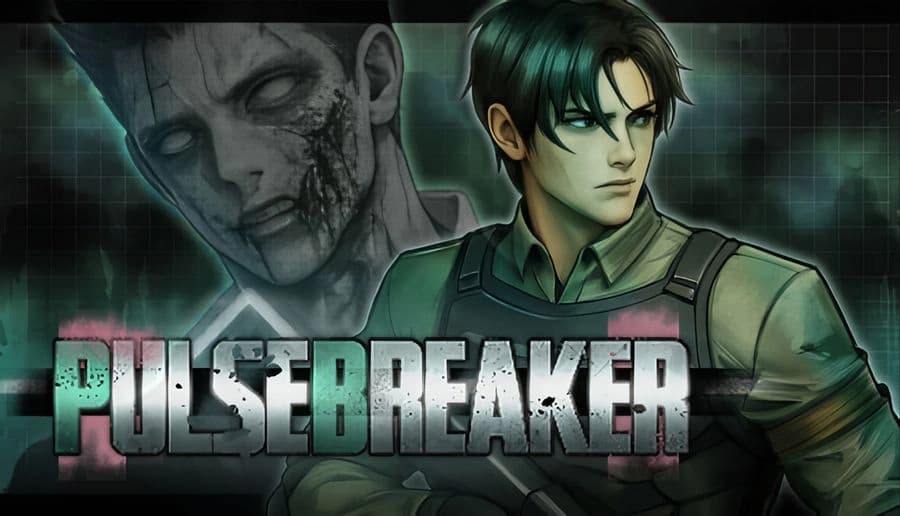 Pulsebreaker: stern young man in tactical vest faces right, ghostly zombie face behind him on green grid backdrop.